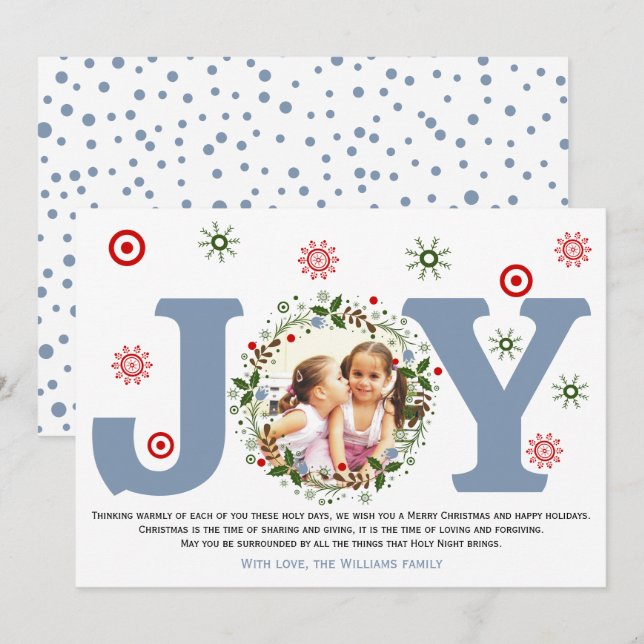 Tarjeta Festiva Dusty blue Joy, Navidades floridos. Foto (Anverso / Reverso)