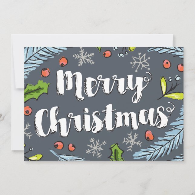 Tarjeta Festiva Dusty Blue Merry Christmas Spruce Boughes (Anverso)