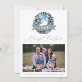 Tarjeta Festiva Dusty Blue Navidades Wreath Holiday Photo Card