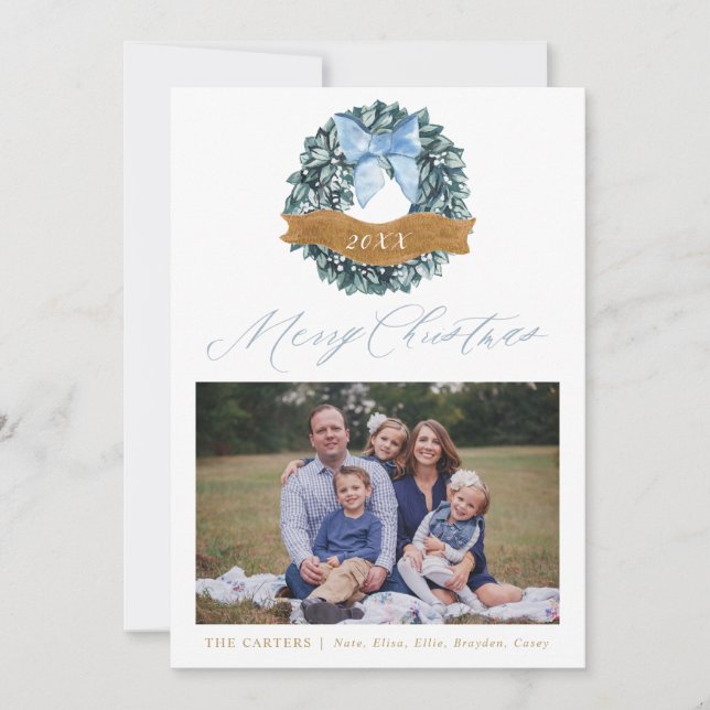 Tarjeta Festiva Dusty Blue Navidades Wreath Photo Card (Anverso)