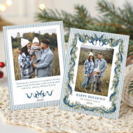 Tarjeta Festiva Dusty Blue Stripped Blue Bow Christmas 2 Photo