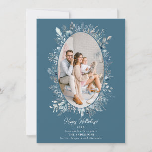 Tarjeta Festiva Dusty Blue Winter Foliage Wreath Family Photo Boho