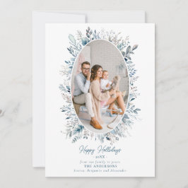 Tarjeta Festiva Dusty Blue Winter Foliage Wreath Family Photo Moda