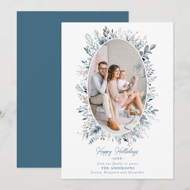 Tarjeta Festiva Dusty Blue Winter Foliage Wreath Family Photo Moda (Anverso / Reverso)