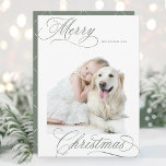 Tarjeta Festiva Dusty Green Merry Christmas Script Minimal Photo<br><div class="desc">Elegante y romántica caligrafía rápida con una foto y un patrón impecable en la parte trasera. Para una personalización más avanzada de este diseño,  haga clic en el BOTÓN HERRAMIENTA DE DISEÑO AZUL de arriba.</div>