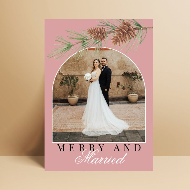 Tarjeta Festiva Dusty Rose Pine Merry & Married Photo Christmas (Subido por el creador)