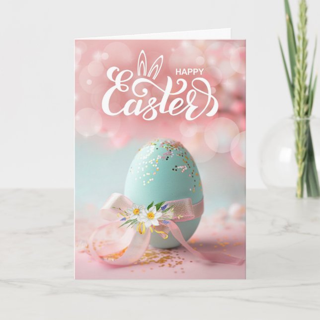 Tarjeta Festiva Easter Blue Easter Egg with Ribbon and Daffodils (Anverso)