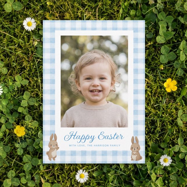 Tarjeta Festiva Easter Bunny Blue Gingham Photo (Subido por el creador)