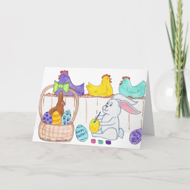 Tarjeta Festiva Easter Bunny Decorating Eggs (Anverso)