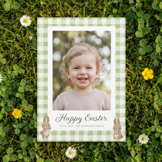Tarjeta Festiva Easter Bunny Green Gingham Photo