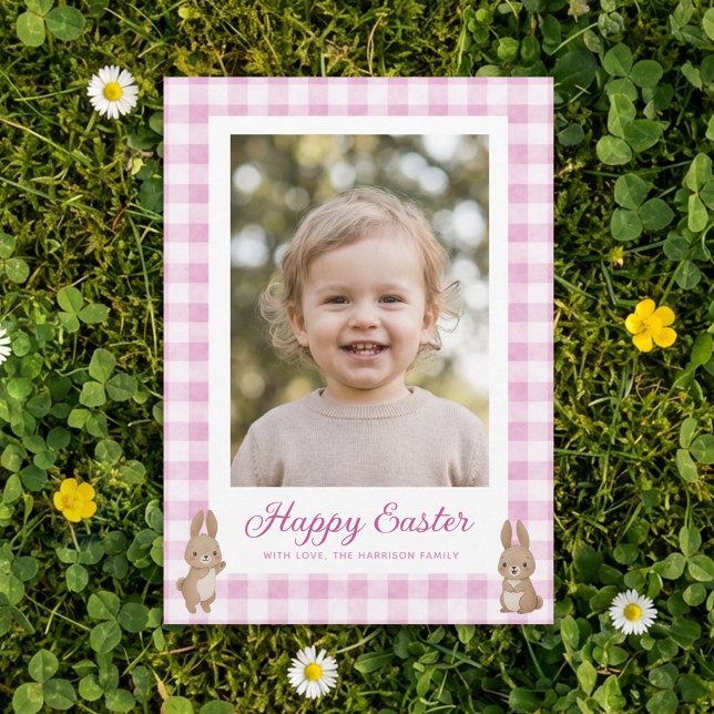 Tarjeta Festiva Easter Bunny Pink Gingham Photo (Subido por el creador)