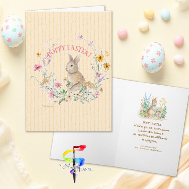 Tarjeta Festiva Easter Bunny Spring Wildflowers w Yellow Ribbons  (Subido por el creador)