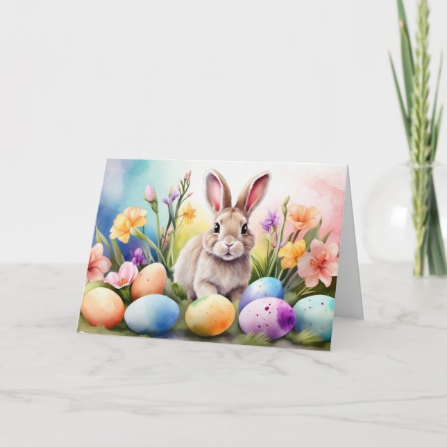 Tarjeta Festiva Easter Bunny with Spring Flowers, Painted Eggs (Anverso)