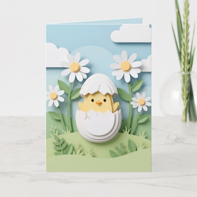 Tarjeta Festiva Easter Chick Papercraft Daisy Flowers Spring (Anverso)