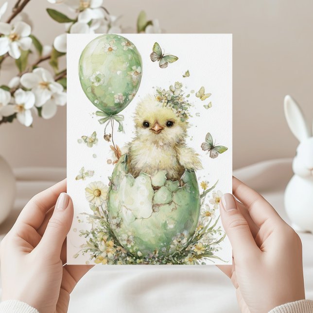 Tarjeta Festiva Easter Chick Spring Floral Butterflies Watercolor (Subido por el creador)