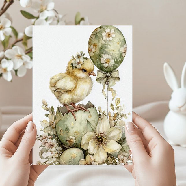 Tarjeta Festiva Easter Chick Spring Floral Watercolor Sage Green (Subido por el creador)