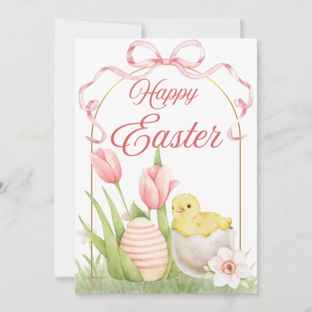 Tarjeta Festiva Easter Chick & Tulips Flat Holiday Card (Anverso)