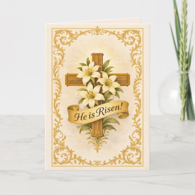 Tarjeta Festiva Easter Gold  Cross Lilies He is Risen (Anverso)