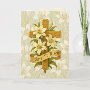 Tarjeta Festiva Easter Gold  Cruz Lirios Cristo ha Resucitado 