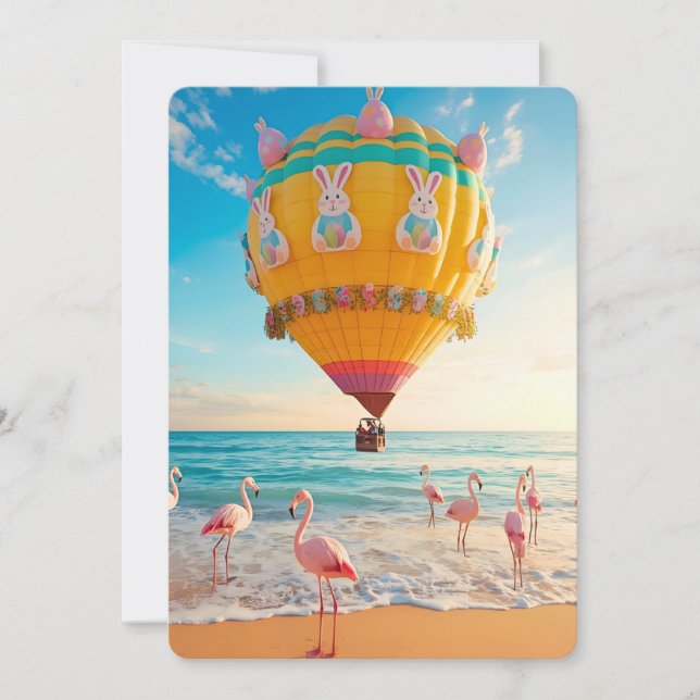 Tarjeta Festiva Easter Hot Air Balloon and Flamingos on Beach (Anverso)
