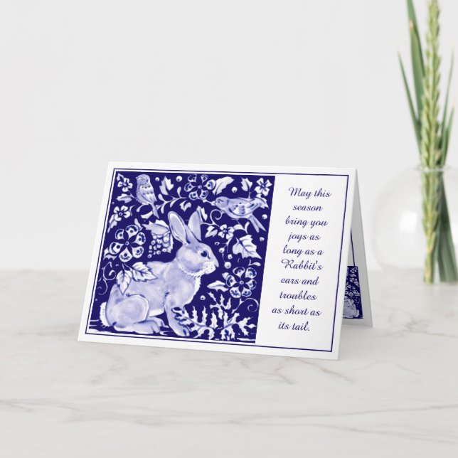 Tarjeta Festiva Easter Joy Rabbit Blue Inspirador Delft Dedham (Anverso)