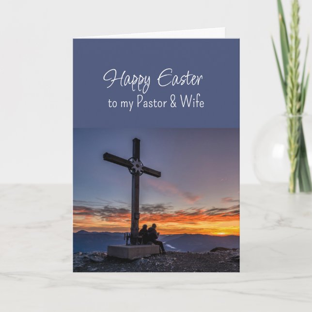 Tarjeta Festiva Easter Pastor Wife Crosses Sunset on Hill Mountain (Anverso)