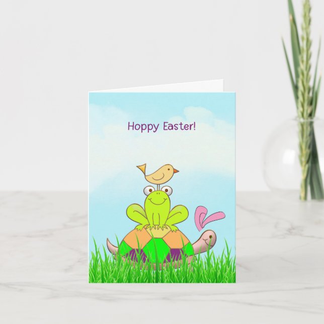 Tarjeta Festiva Easter Turtle and Frog and Bird in Grass Card (Anverso)