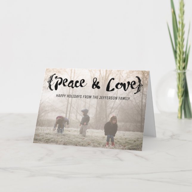 Tarjeta Festiva Ebony Elegy Sketched Peace & Love Holiday Photo (Anverso)