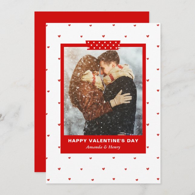 Tarjeta Festiva Editable Modern Simple Hearts Photo Valentines Day (Anverso / Reverso)