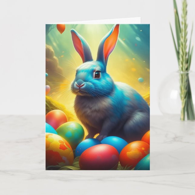 Tarjeta Festiva Eéreo conejo de Pascua con huevos (Anverso)