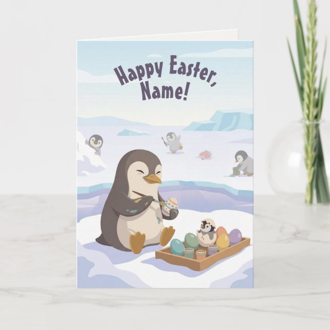 Tarjeta Festiva Egg Decorating Penguins | Personalised Easter (Anverso)