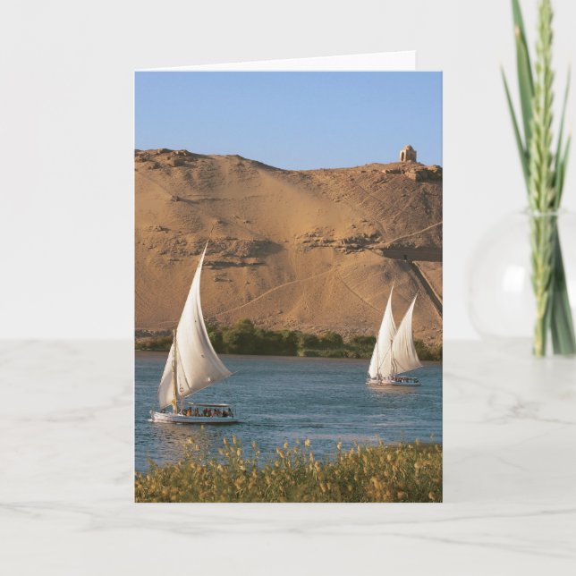 Tarjeta Festiva Egipto, Asuán, Río Nilo, veleros Felucca, (Anverso)