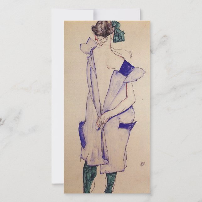 Tarjeta Festiva Egon Schiele - Chica De Pie Con Vestido Azul (Anverso)