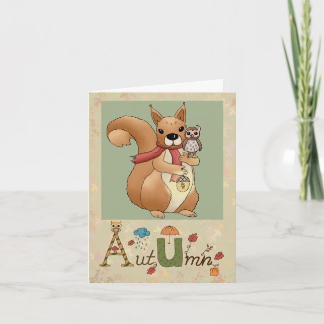 Tarjeta Festiva Eichhörnchen und Eule (Anverso)