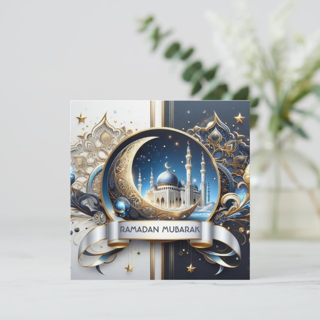 Tarjeta Festiva Eid Al Adha Crescent Mezquita Luna Azul Blanco Dor (Anverso de pie)