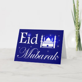 Tarjeta Festiva Eid al-Adha, Eid Mubarak, mezquita y estrellas en