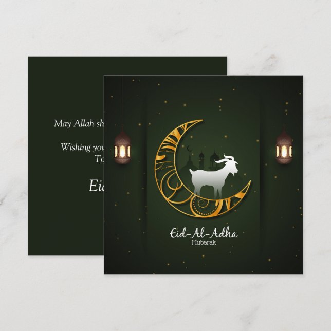 Tarjeta Festiva Eid Al Adha Mubarak Ciervo Dorado Cabra Islámico (Anverso / Reverso)