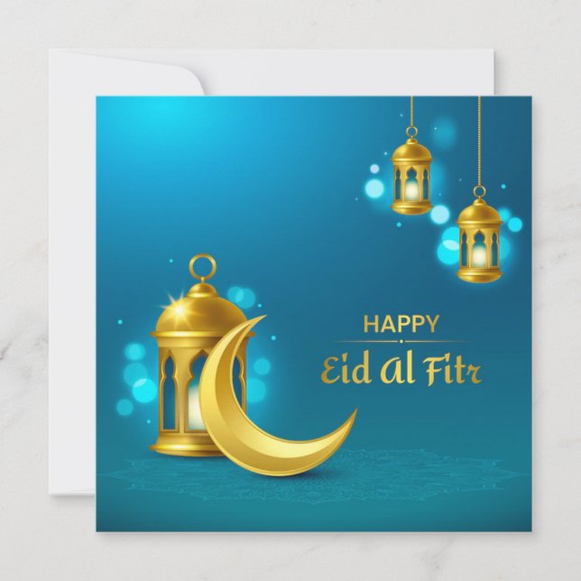 Tarjeta Festiva Eid Al-fitr Mubarak Creciente de oro y linterna (Anverso)