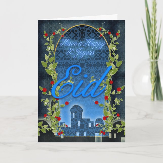 Tarjeta Festiva Eid Card, Happy Y Joyous Eid, Azul (Anverso)