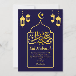 Tarjeta Festiva Eid Mubarak Árabe Elegante Oro Azul Moderno