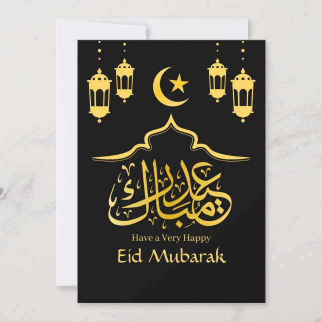 Tarjeta Festiva Eid Mubarak Árabe Elegante Oro Negro Moderno (Anverso)