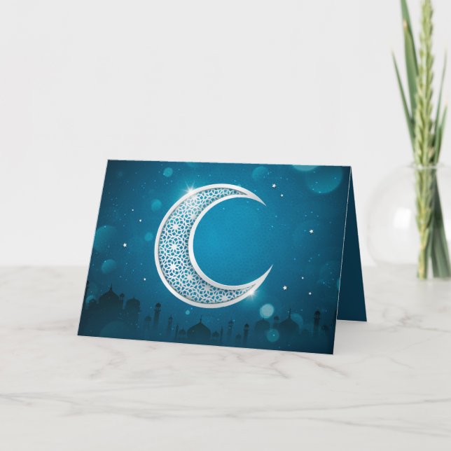 Tarjeta Festiva Eid Mubarak Brillando Estrella de la Mezquita de l (Anverso)