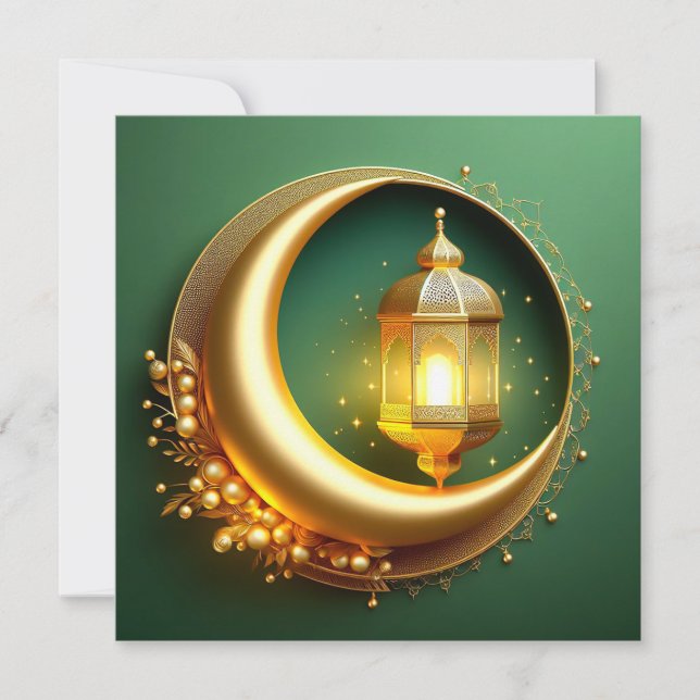 Tarjeta Festiva Eid Mubarak Crescent Gold Pearl Green (Anverso)