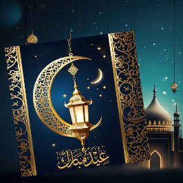 Tarjeta Festiva Eid Mubarak Crescent Islam Lantern Blue