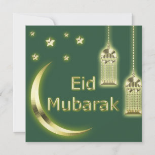 Tarjeta Festiva Eid Mubarak Crescent Islam Lantern Green Golden
