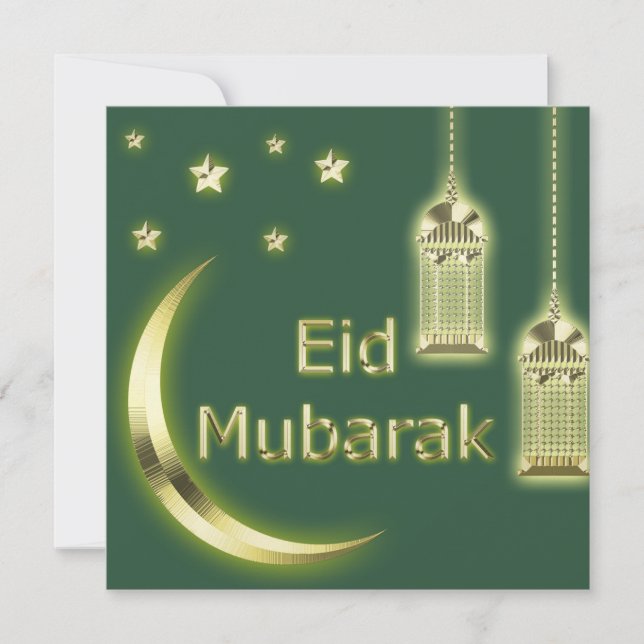 Tarjeta Festiva Eid Mubarak Crescent Islam Lantern Green Golden (Anverso)