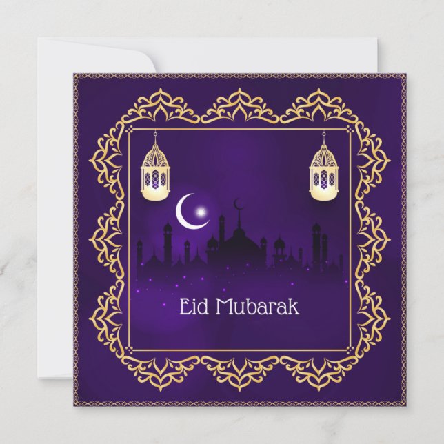 Tarjeta Festiva Eid Mubarak Crescent Islam Lantern Purple Gold (Anverso)