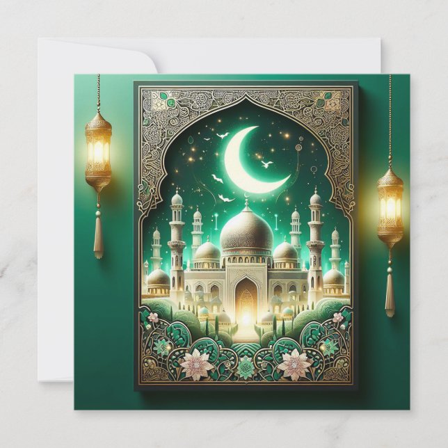 Tarjeta Festiva Eid Mubarak Crescent Mezquita Marco Floral Verde (Anverso)