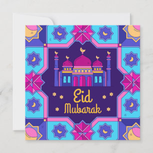 Tarjeta Festiva Eid Mubarak Crescent Stars Pink Blue Watercolor