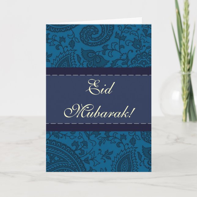 Tarjeta Festiva Eid Mubarak de damasco indio azul (Anverso)